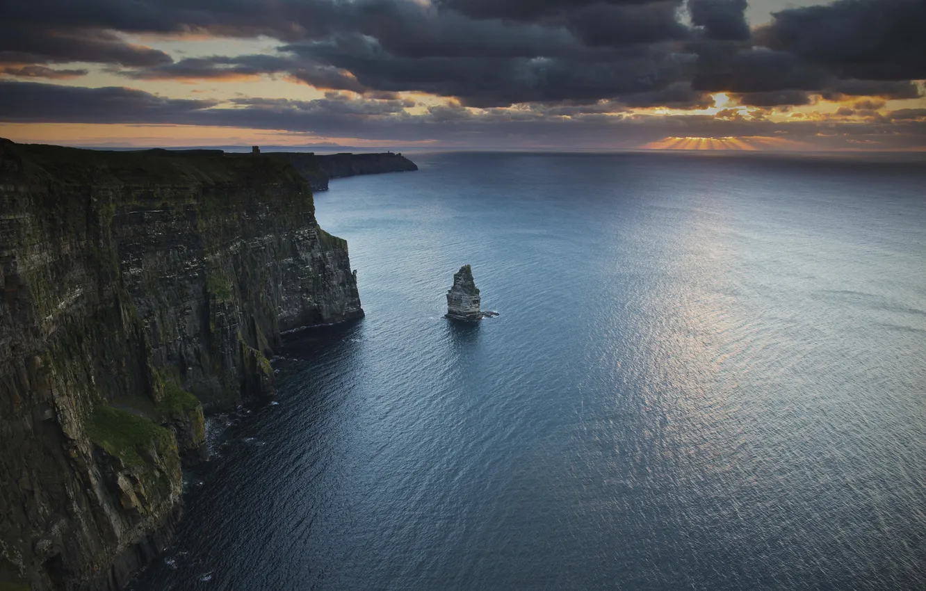 Фото обои закат, скалы, побережье, Ирландия, водная гладь, Ireland, Атлантический океан, Atlantic Ocean