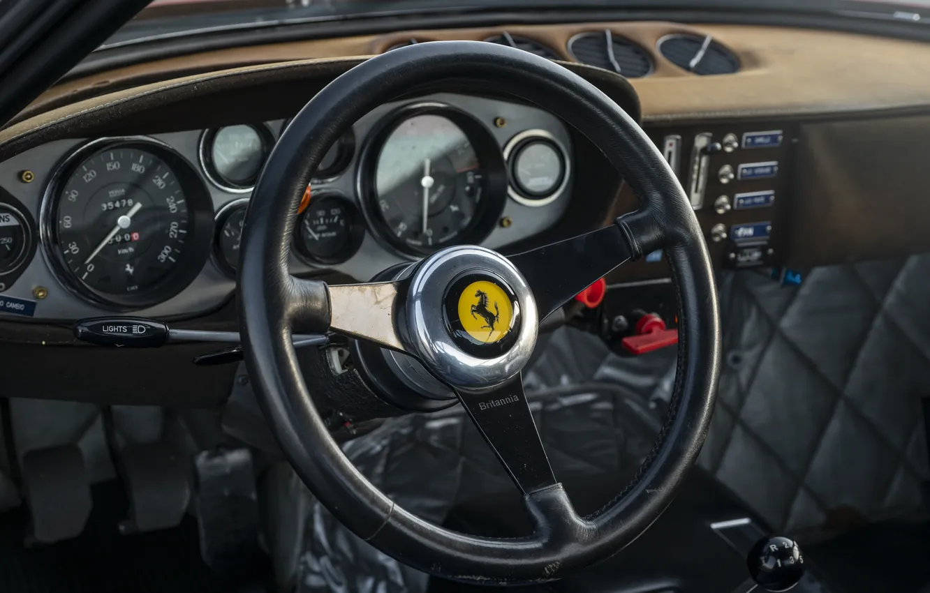 Фото обои руль, Ferrari, суперкар, supercar, панель приборов, 1973, Daytona, Competizione