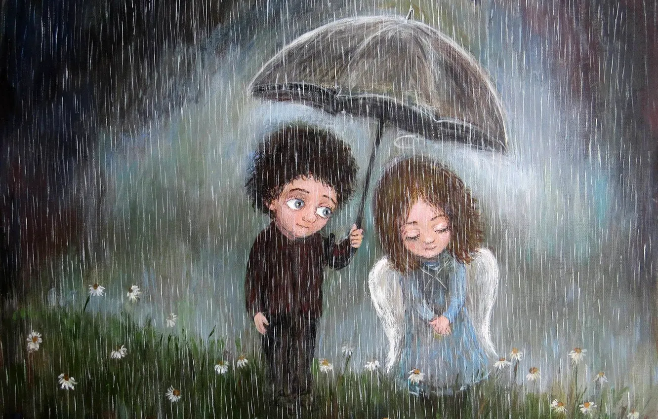 Фото обои зонтик, дождь, настроение, мальчик, арт, пара, девочка, чувство