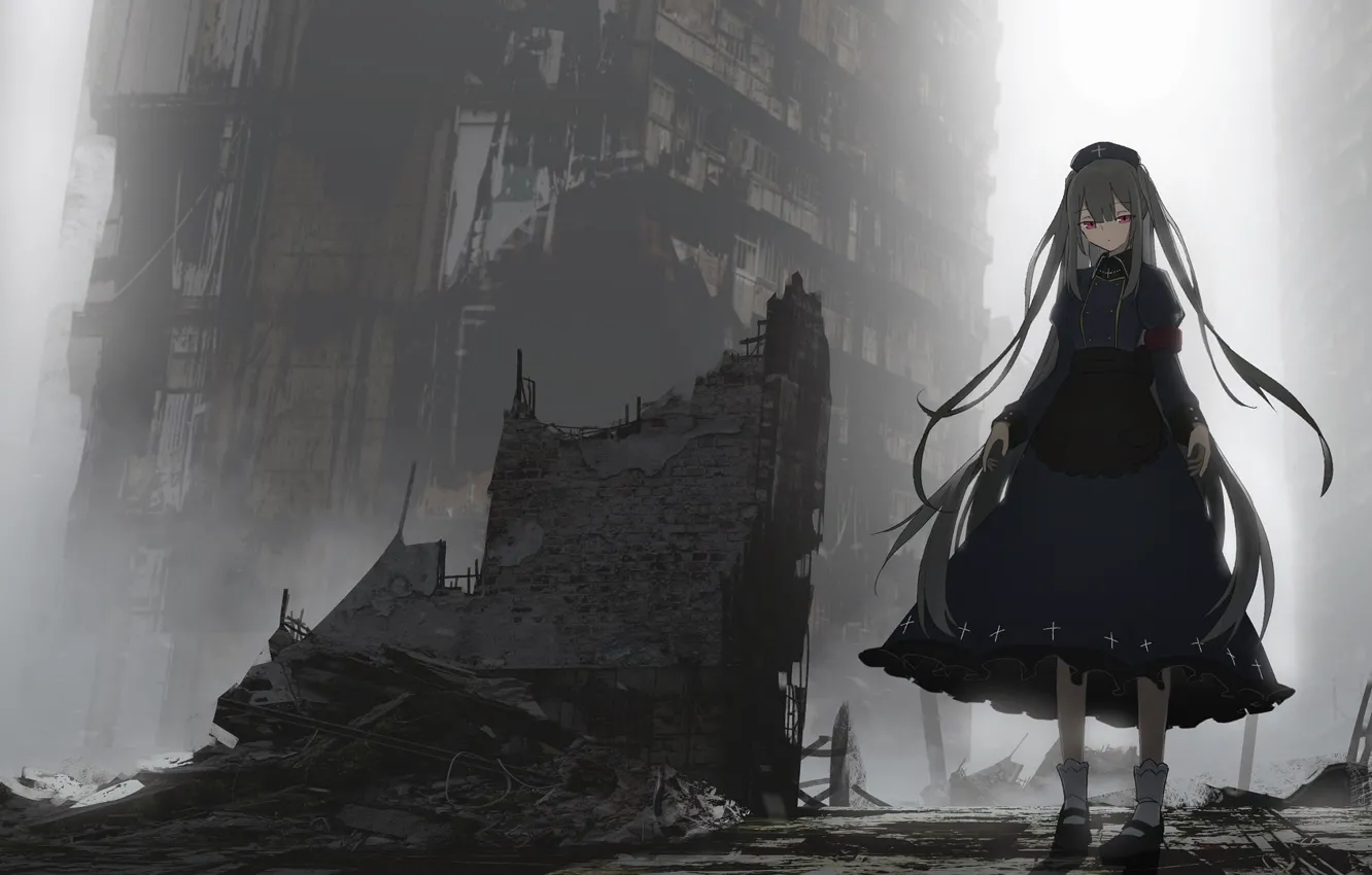 Фото обои девушка, город, руины