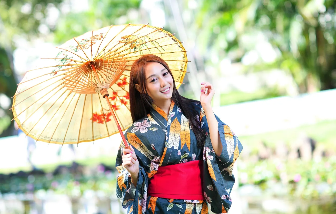Фото обои девушка, стиль, зонт, наряд, азиатка