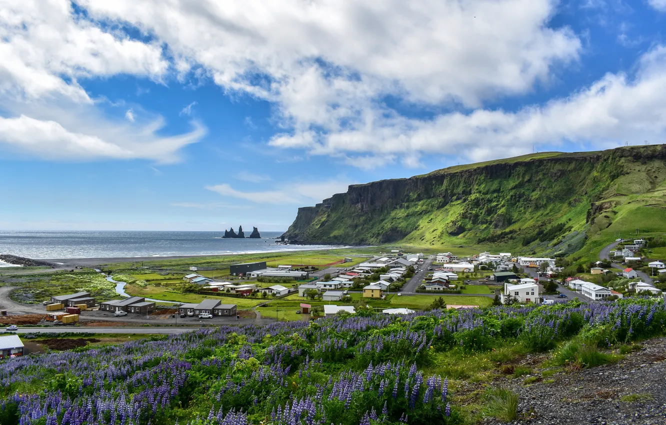 Фото обои море, цветы, горы, скалы, берег, дома, деревня, домик
