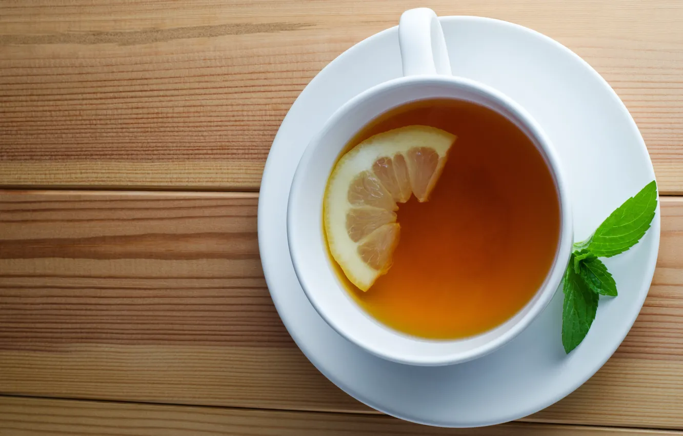 Фото обои лимон, чай, чашка, напиток, мята, блюдце