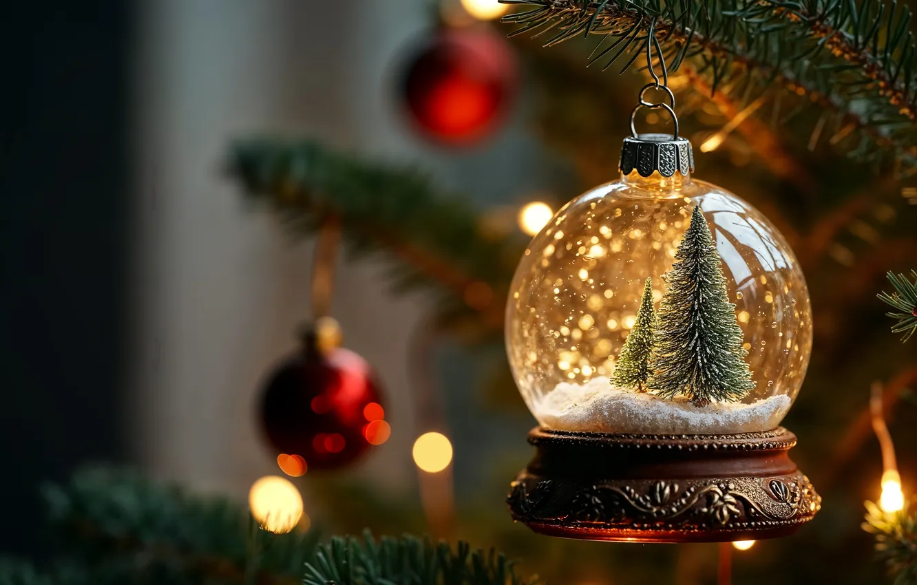 Фото обои елка, Рождество, Новый год, Christmas, decoration, snow globe, снежный шар