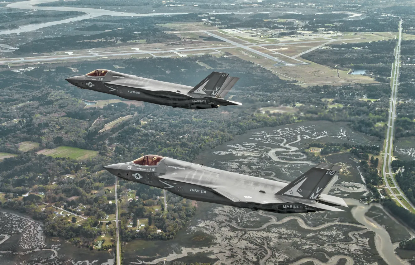 Фото обои полет, ландшафт, истребители, бомбардировщики, Lightning II, F-35B