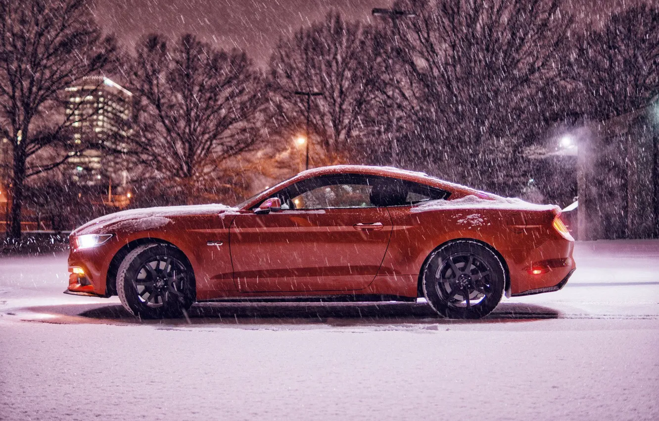 Фото обои Mustang, Ford, Red, Winter, 2016