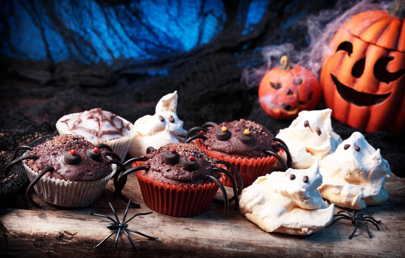 Фото обои шоколад, паук, Halloween, тыква, Хеллоуин, пирожное, Pumpkin, chocolate