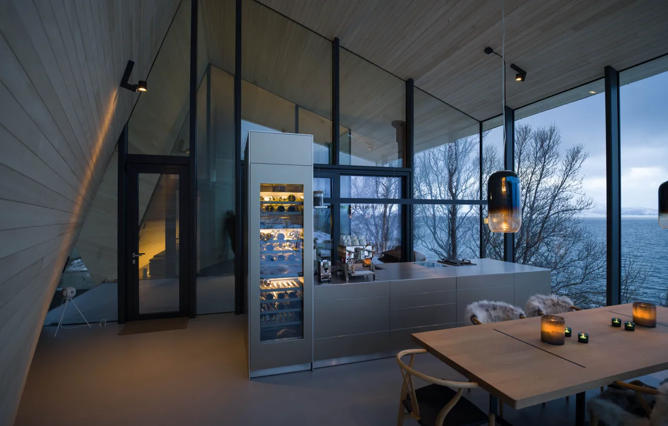 Фото обои Деревья, Отель, Norway, Lyngen Alps, Modern kitchen, Aurora Lodge, Современная кухня