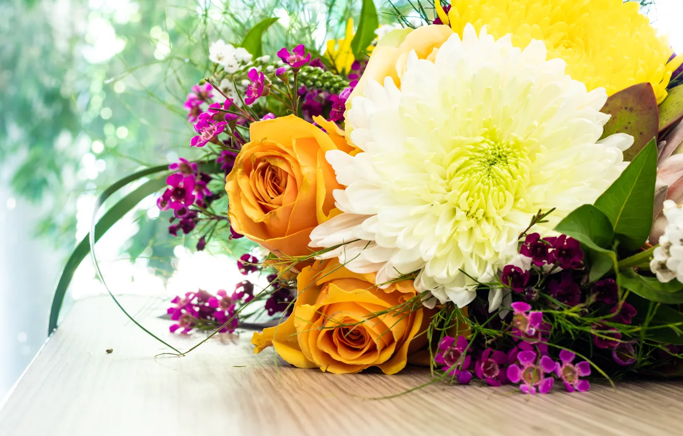 Фото обои цветы, розы, букет, желтые, розовые, белые, оранжевые, хризантемы