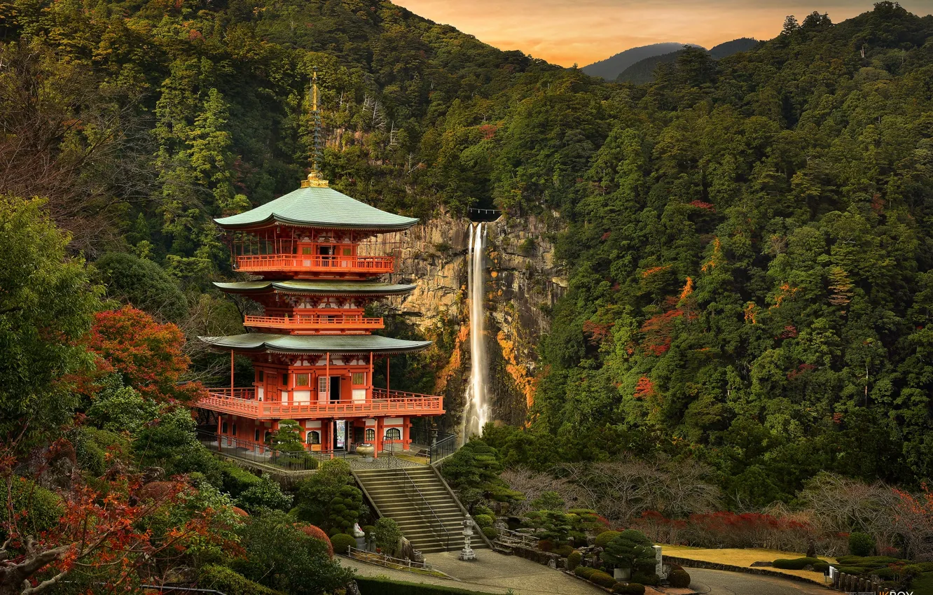Фото обои лес, горы, водопад, Япония, храм