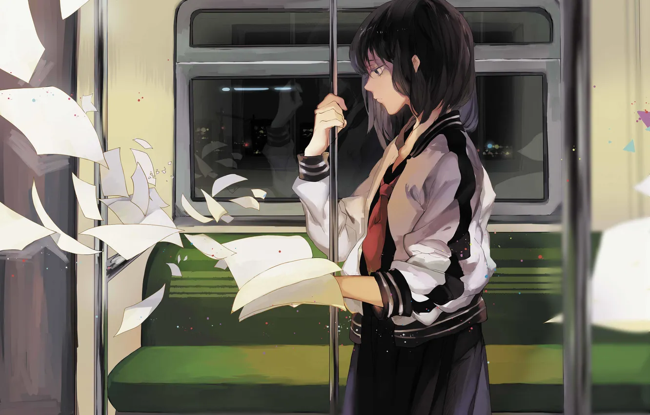 Фото обои девушка, бумага, поезд, юбка, куртка, книга, art, dj.adonis