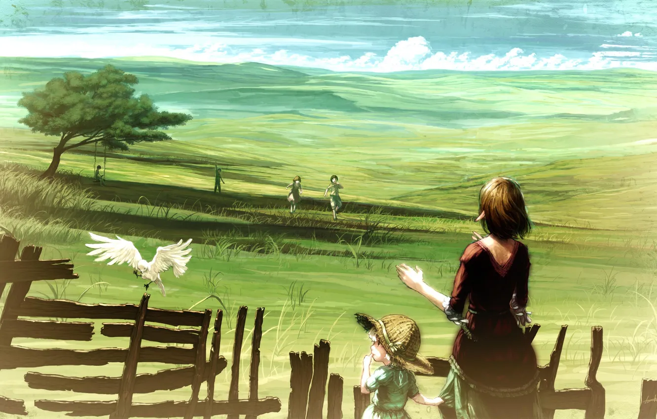 Фото обои лето, трава, девушка, облака, дети, качели, дерево, холмы