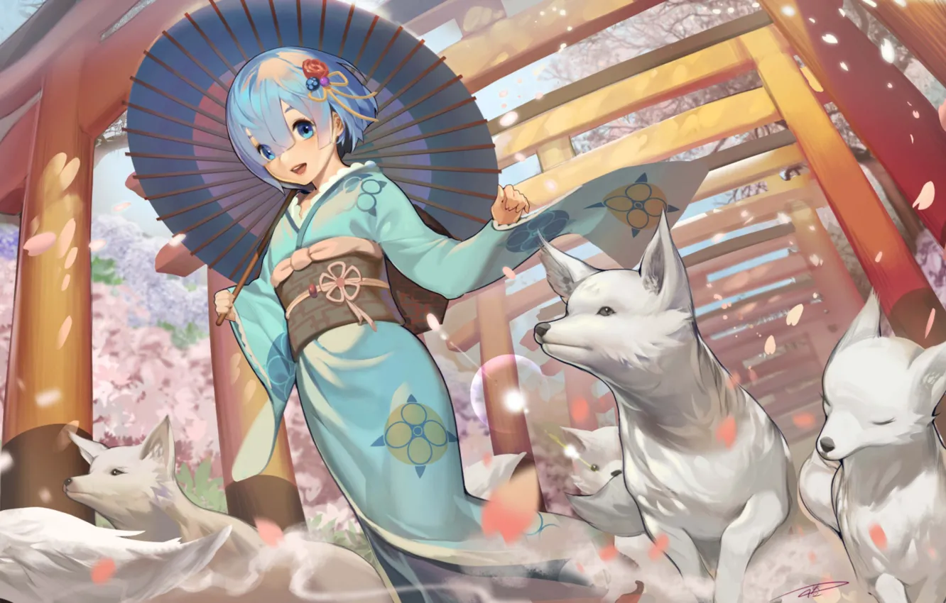 Фото обои зонт, кимоно, голубые волосы, лепестки сакуры, белые волки, Rem (Re: Zero), ворота тории, Re Zero …