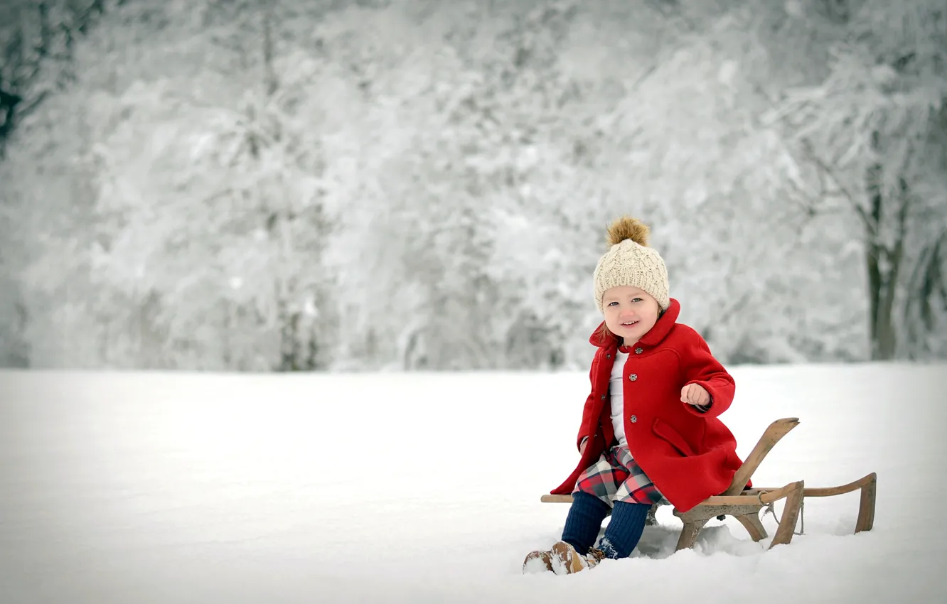 Фото обои зима, настроение, девочка, санки