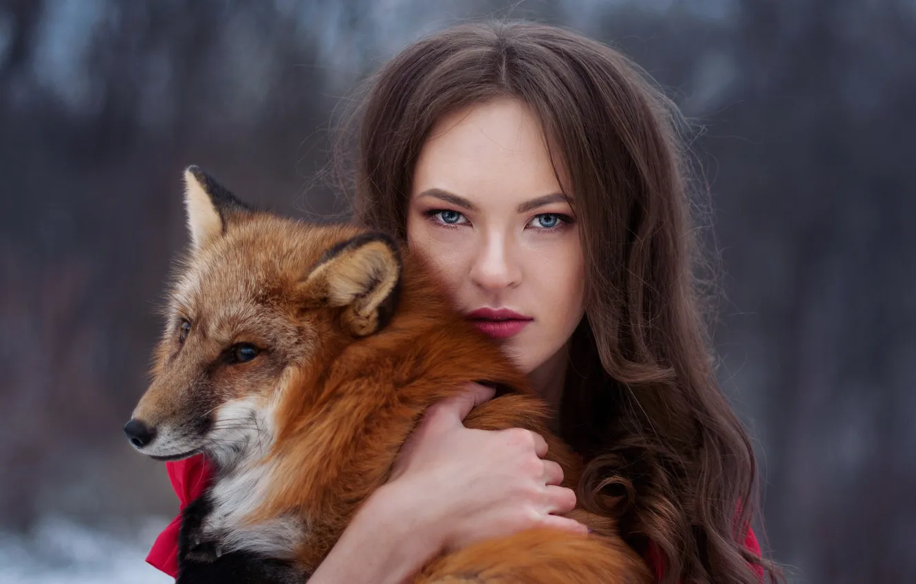Фото обои девушка, поза, портрет, лиса, шатенка, питомец, держит на руках