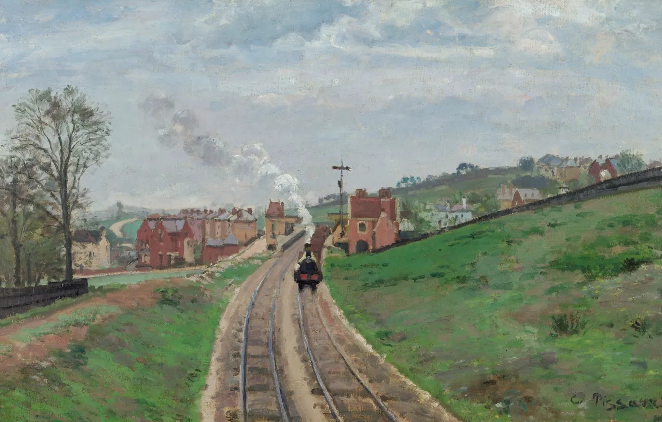Фото обои пейзаж, паровоз, картина, Камиль Писсарро, Lordship Lane Station. Dulwich