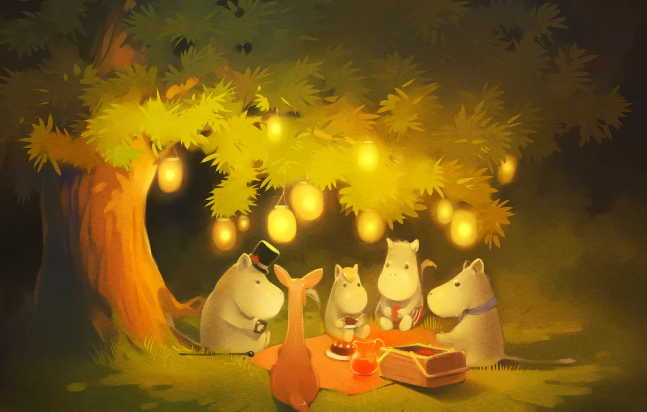 Фото обои лес, огни, дерево, вечер, огоньки, moomintroll