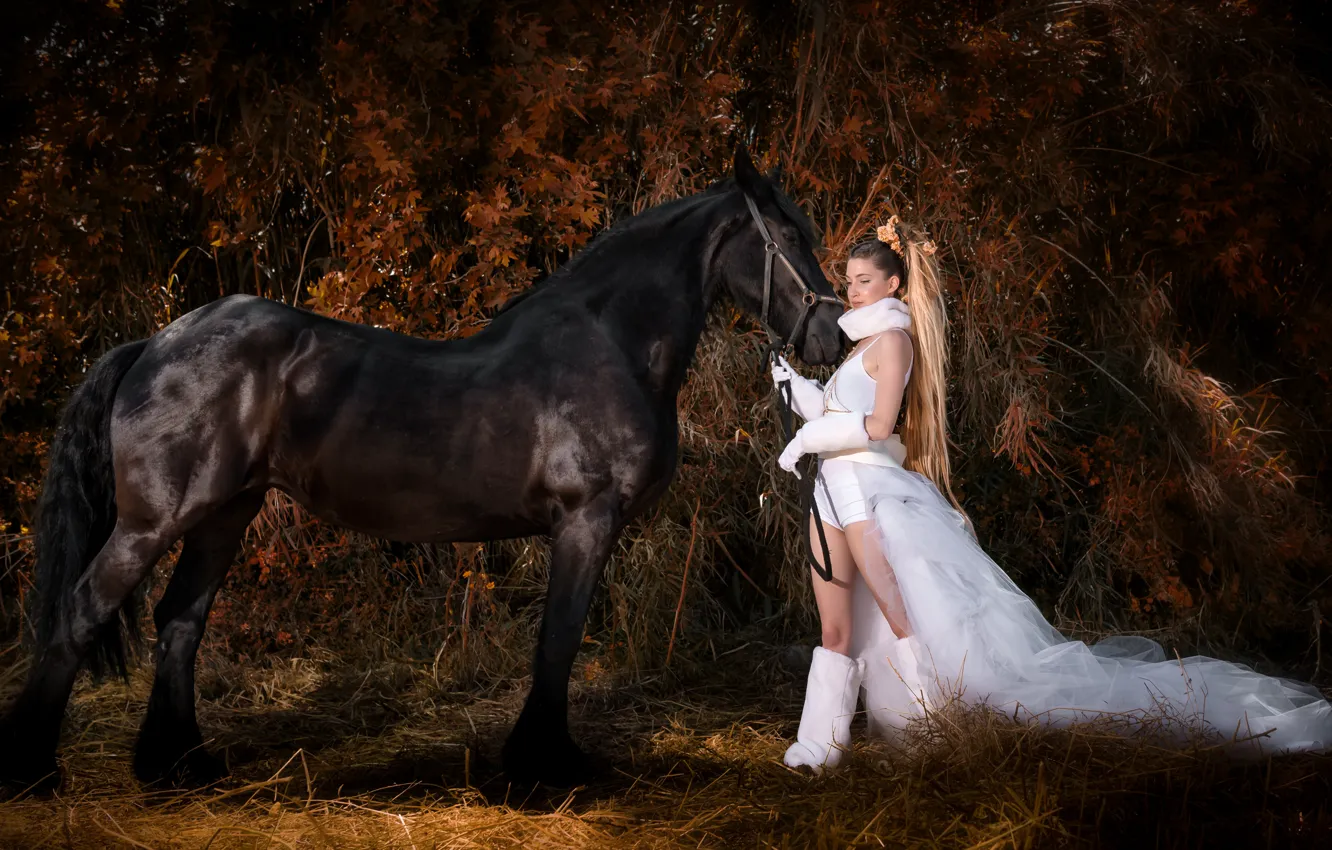 Фото обои БЛОНДИНКА, ЛОШАДЬ, САПОЖКИ, ПЕРЧАТКИ