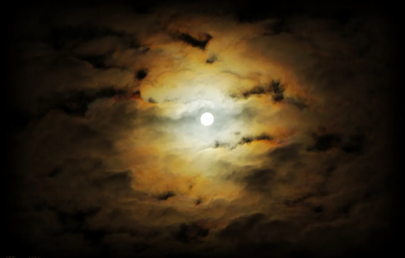 Фото обои облака, ночь, туман, Луна