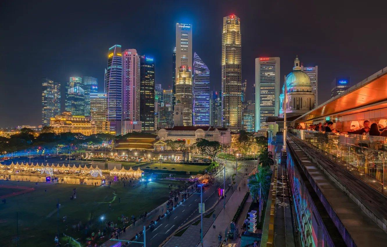 Фото обои здания, Сингапур, ночной город, небоскрёбы, Singapore, Singapore Financial District