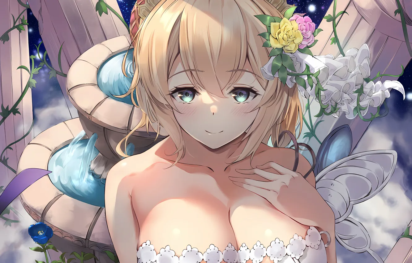 Фото обои girl, sexy, cleavage, green eyes, dress, boobs, anime, flowers