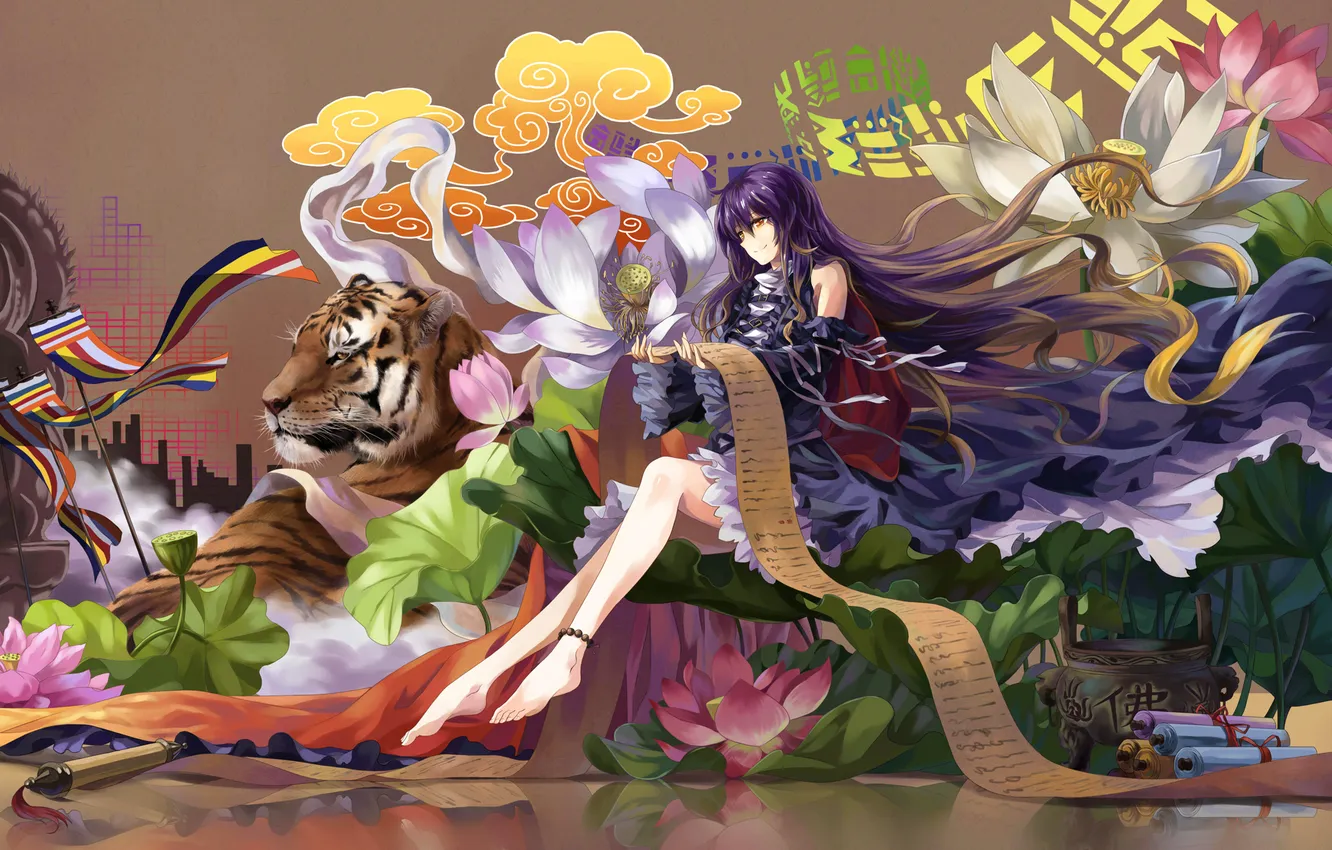 Фото обои девушка, цветы, тигр, улыбка, настроение, touhou, neko, art