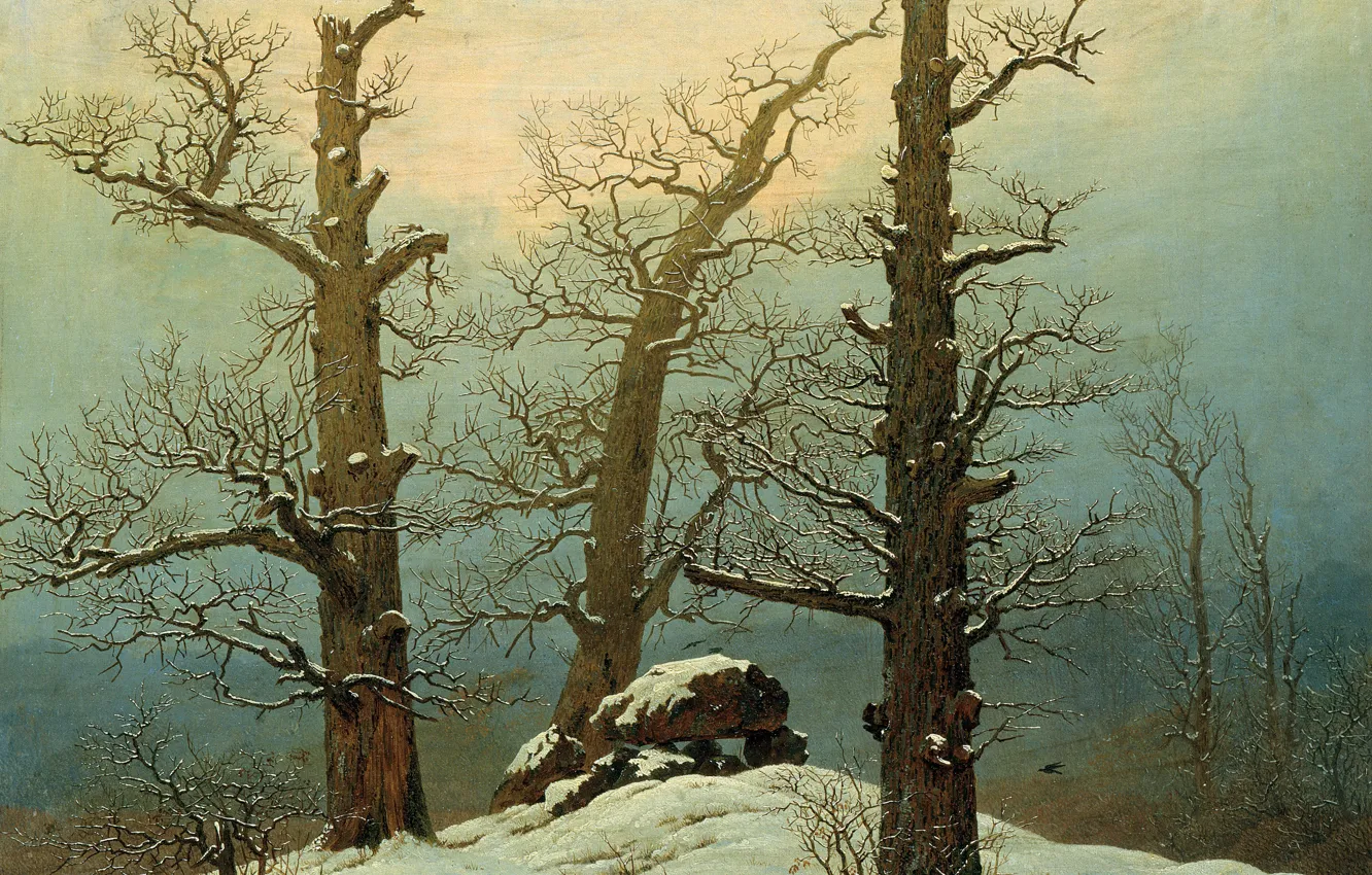 Фото обои зима, деревья, пейзаж, камни, картина, Каспар Давид Фридрих, Дольмен под Снегом