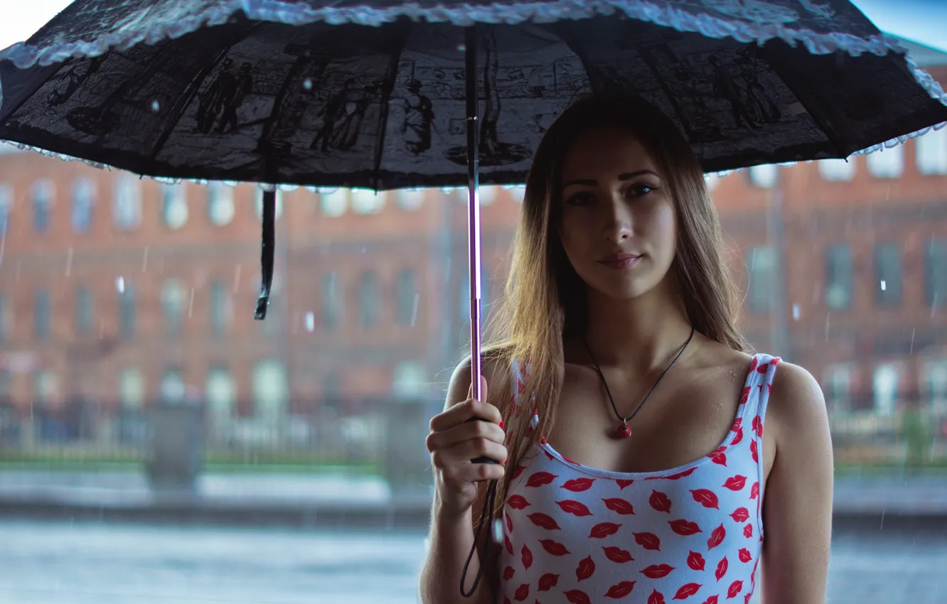 Фото обои girl, Model, rain, long hair, brown hair, photo, umbrella, water