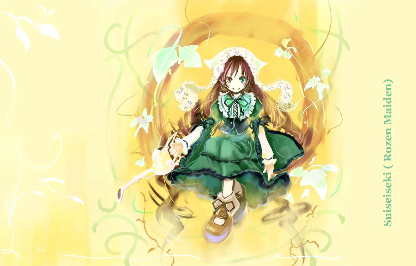 Фото обои ботинки, лейка, чепчик, желтый фон, разные глаза, зеленое платье, вьюнок, Rozen Maiden