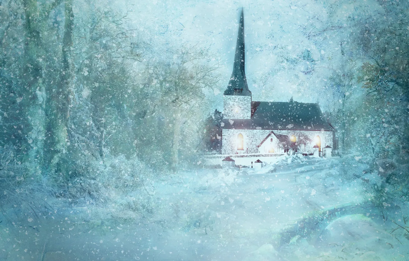 Фото обои зима, снег, деревья, рендеринг, церковь, домик, часовня, фотоарт
