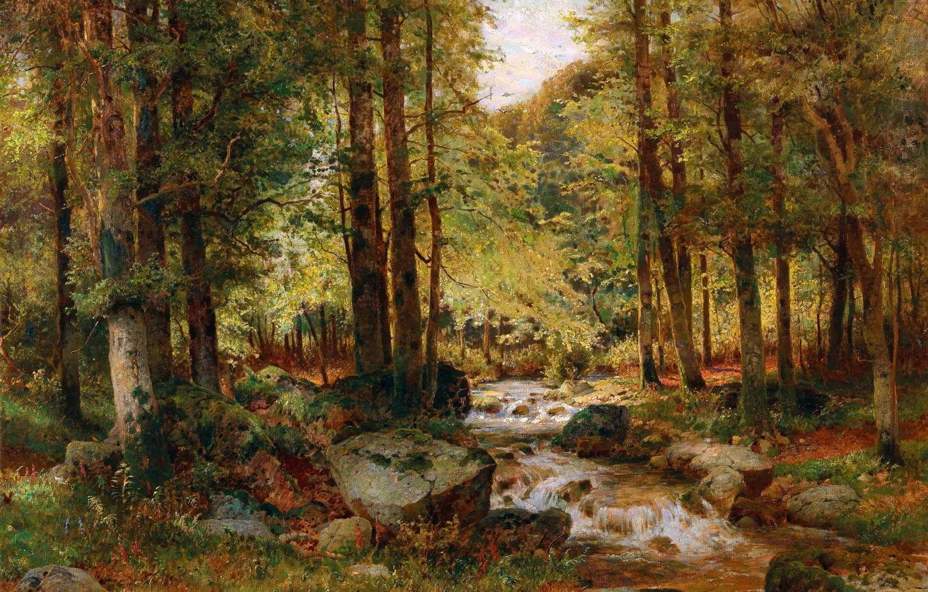 Фото обои деревья, Лес, Ручей, Картина, Alois Arnegger, Алоис Арнеггер, Лес осенью, Австрийский живописец