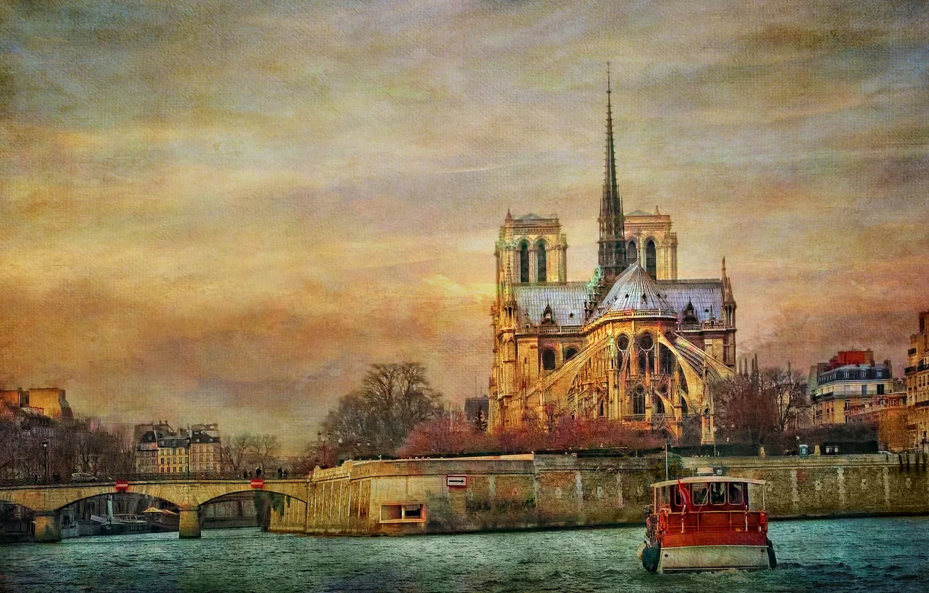 Фото обои река, Франция, Париж, корабль, Сена, холст, Собор Парижской Богоматери
