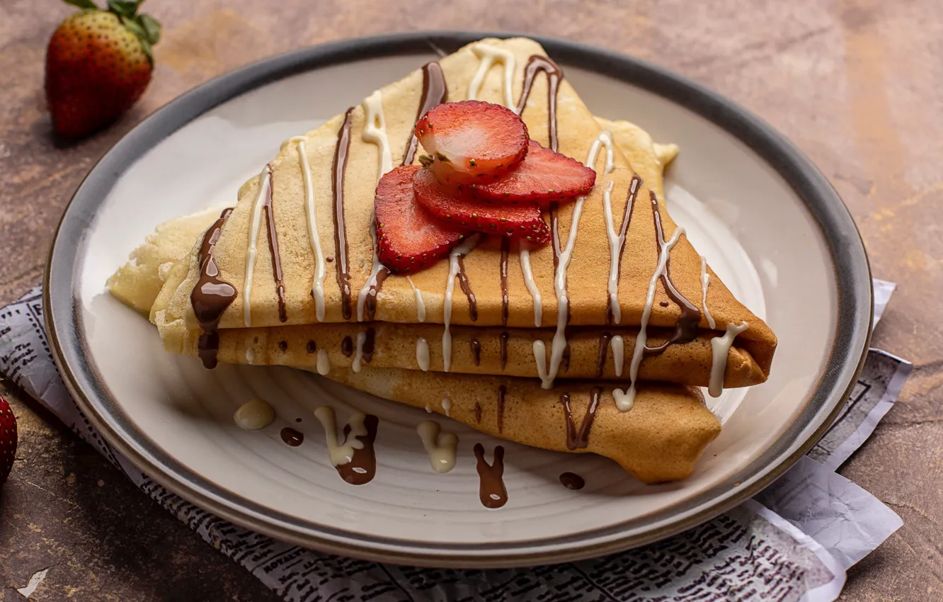 Фото обои шоколад, клубника, блины, выпечка