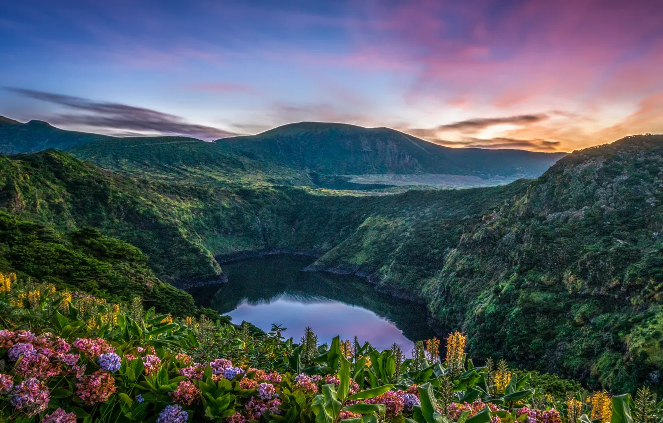 Фото обои закат, цветы, горы, озеро, Португалия, Portugal, Азорские острова, Azores