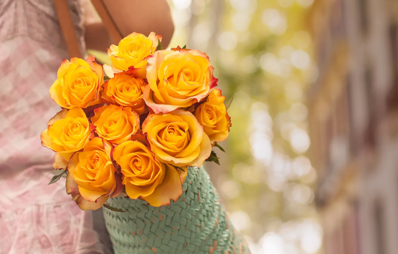 Фото обои girl, flowers, bokeh, roses, sidewalk, handbag