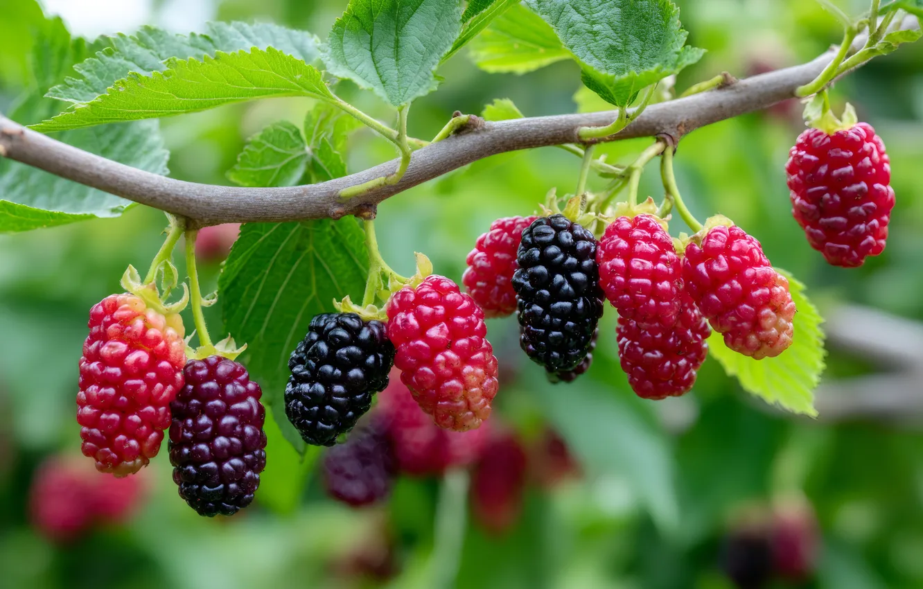 Фото обои зелень, лето, листья, ветки, ягоды, сад, плоды, тутовник
