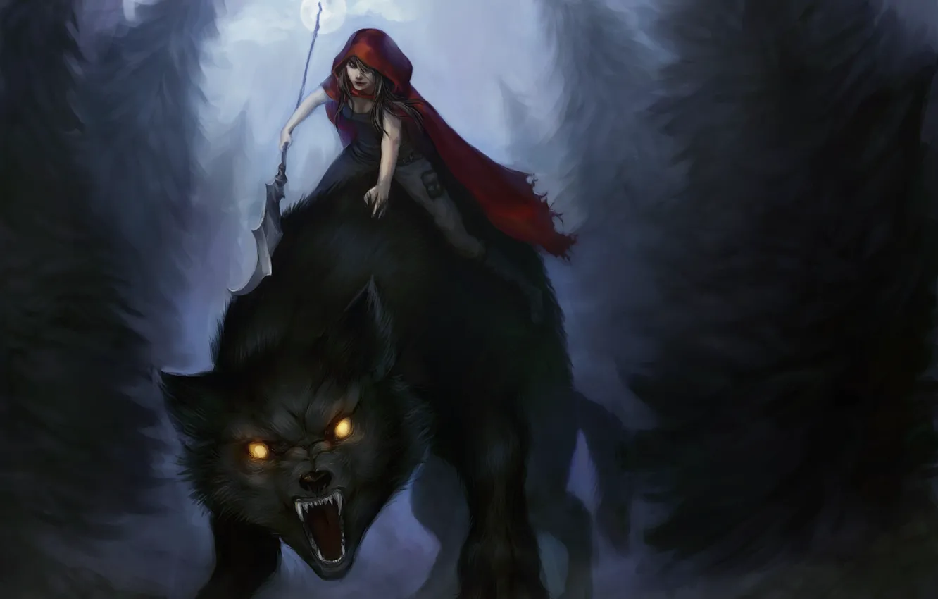 Фото обои лес, взгляд, девушка, деревья, ночь, волк, красная шапочка, арт