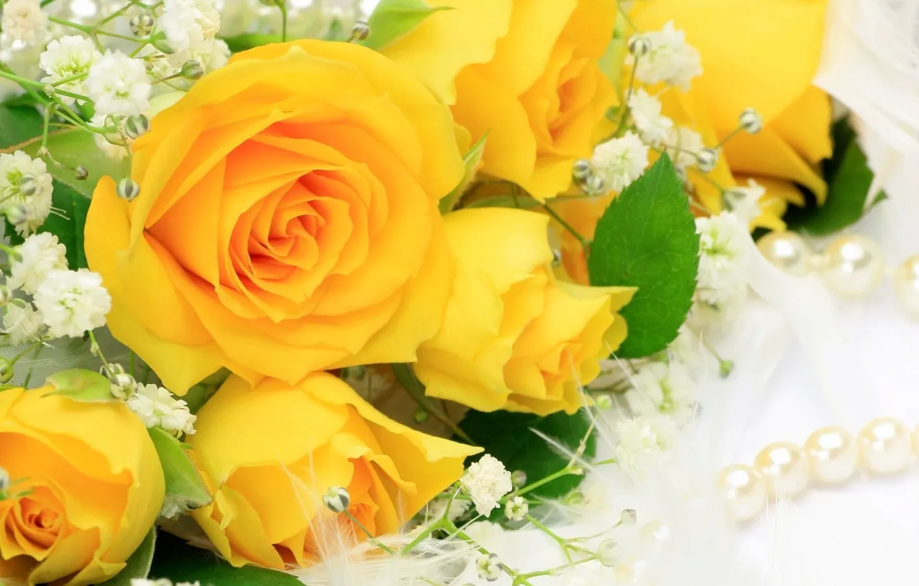 Фото обои цветок, цветы, розы, букет, желтые, лепестки, жемчуг, бусы