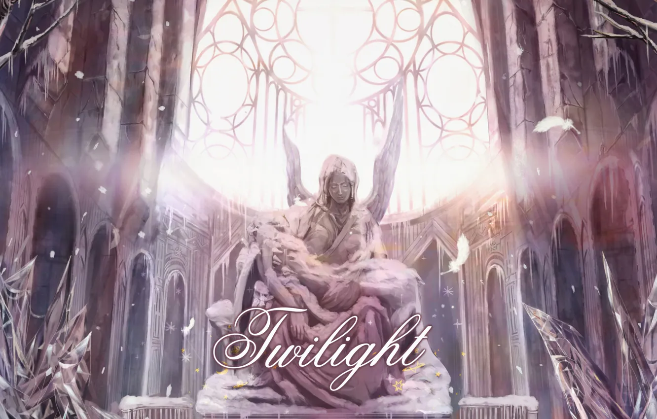Фото обои свет, снег, текст, женщина, крылья, ангел, перья, церковь