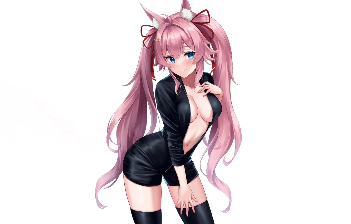 Фото обои girl, sexy, cleavage, thighhighs, pink hair, long hair, boobs, animal ears
