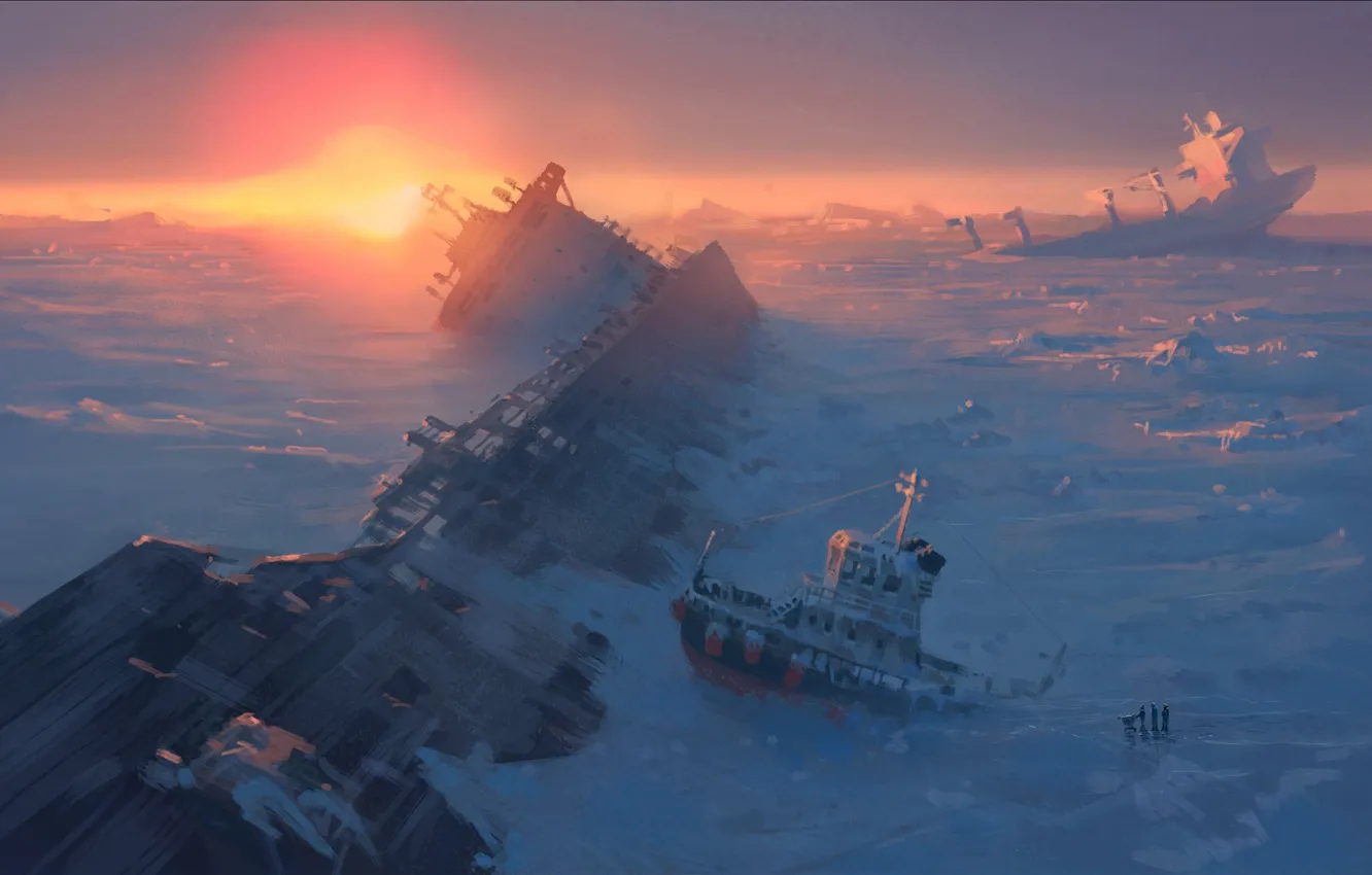 Фото обои лед, море, снег, фантастика, океан, корабль, art, frozen