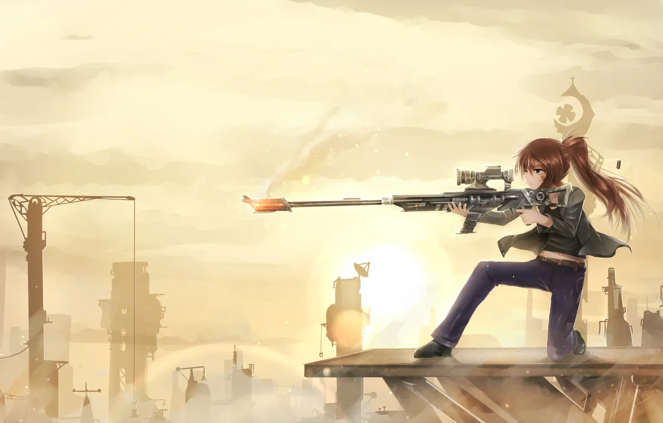 Фото обои девушка, город, высота, арт, сердечко, винтовка, sen ya