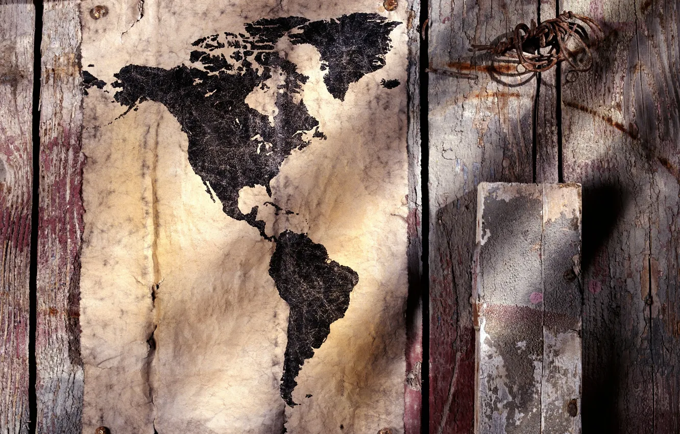 Фото обои карта, Америка, старинная, часть света, Continent map, потрёпанная