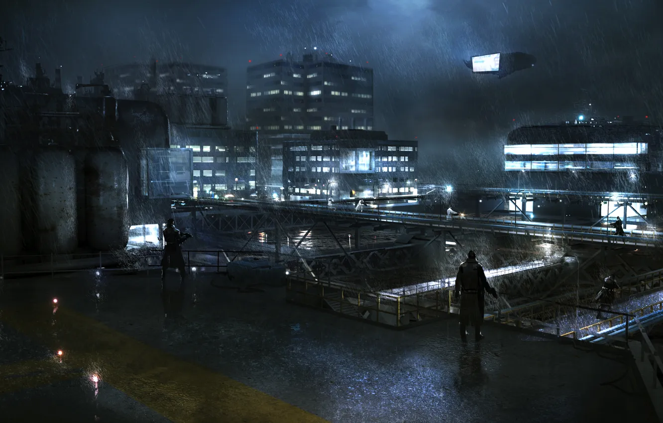 Фото обои ночь, город, дождь, охрана, солдаты, Syndicate, территория