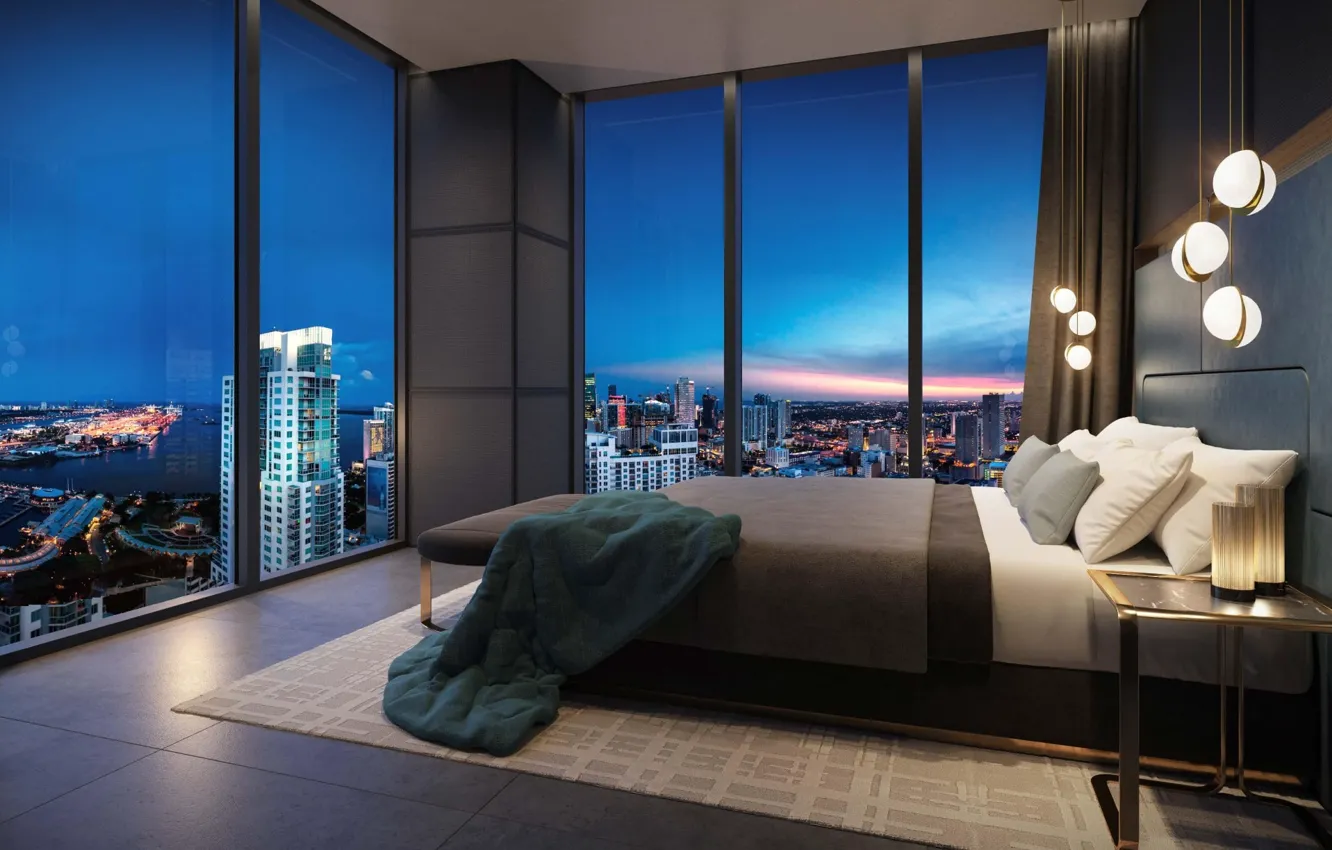 Фото обои дизайн, стиль, комната, интерьер, Miami, мегаполис, спальня, high-rise apartment