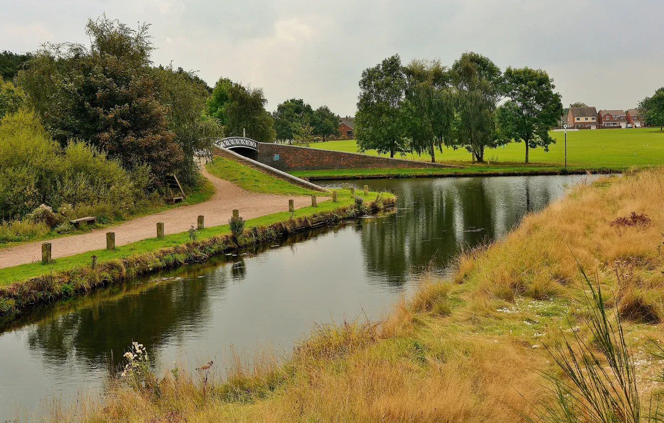 Фото обои трава, деревья, река, фото, England, Pelsall