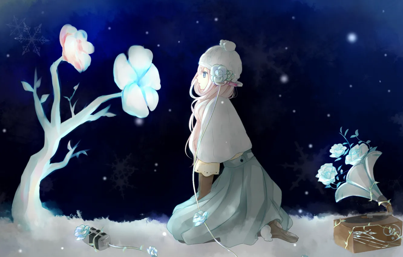 Фото обои зима, снежинки, vocaloid, Hatsune Miku, грамофон, белые цветы, new yaer, снег зимой