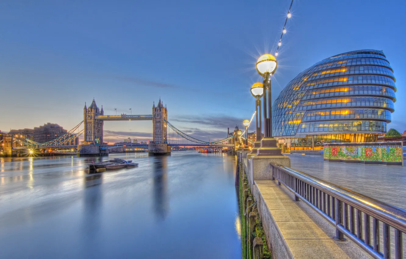 Фото обои река, Англия, Лондон, фонари, Темза, Тауэрский мост, набережная, Tower Bridge