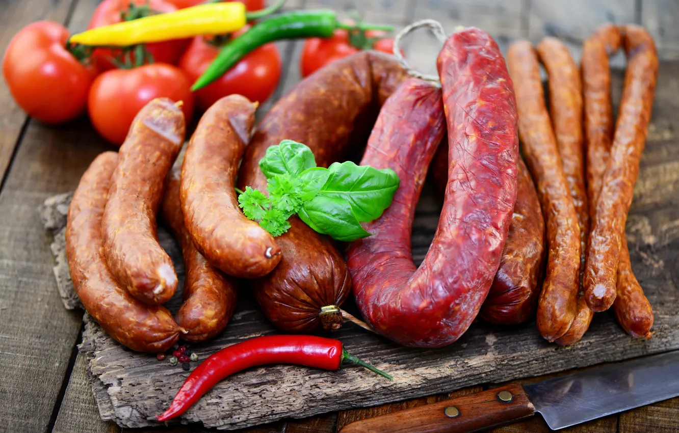 Фото обои перец, овощи, помидоры, колбаса, peppers, tomatoes, meat, vegetables