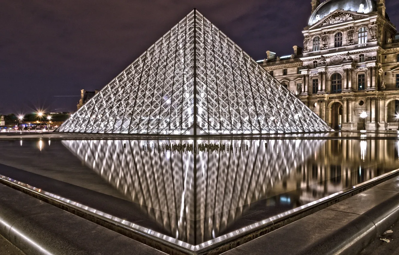 Фото обои ночь, город, Франция, Париж, Лувр, пирамида, Paris, музей